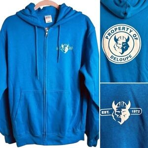 ATC zippered graphic hoodie, Blue, Medium “Property of Deloupe” Fleece Full Zip